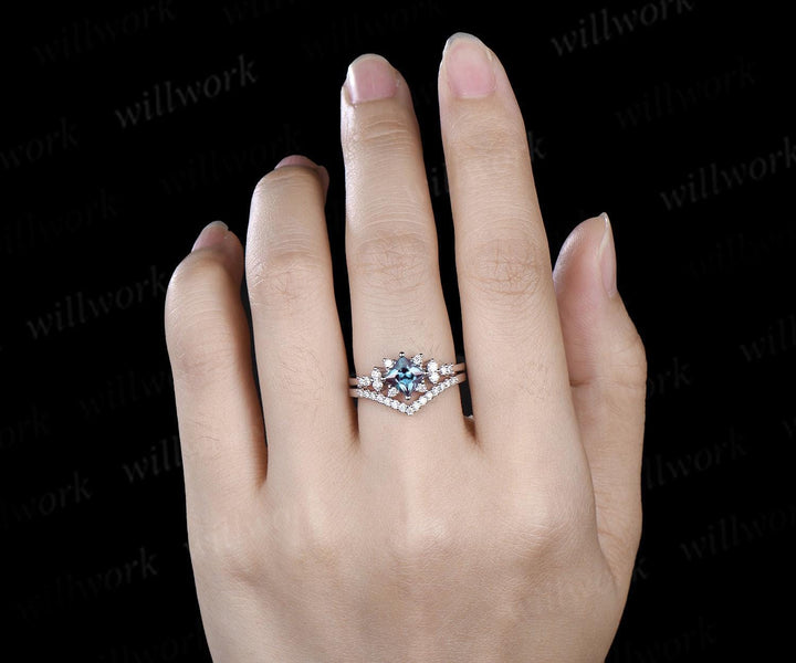 Princess cut alexandrite engagement ring cluster diamond wedding ring set women May birthstone silver