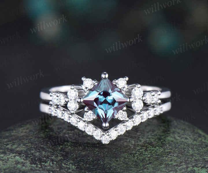 Princess cut alexandrite engagement ring cluster diamond wedding ring set women May birthstone silver