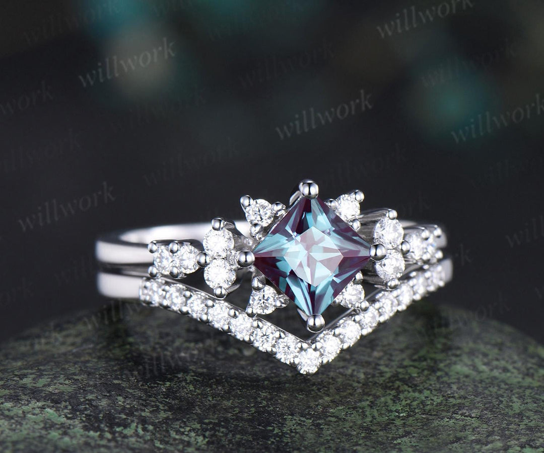 Princess cut alexandrite engagement ring cluster diamond wedding ring set women May birthstone silver