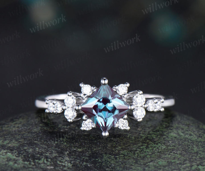 Princess cut alexandrite engagement ring cluster diamond wedding ring set women May birthstone silver