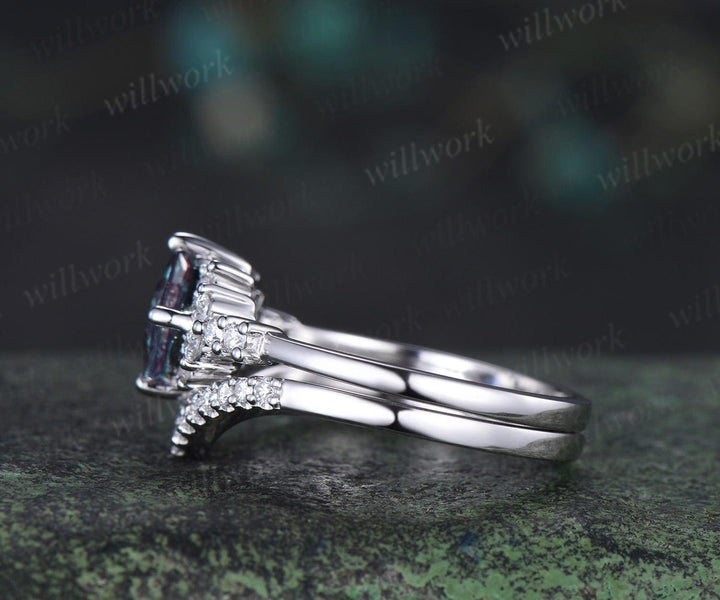 Princess cut alexandrite engagement ring cluster diamond wedding ring set women May birthstone silver
