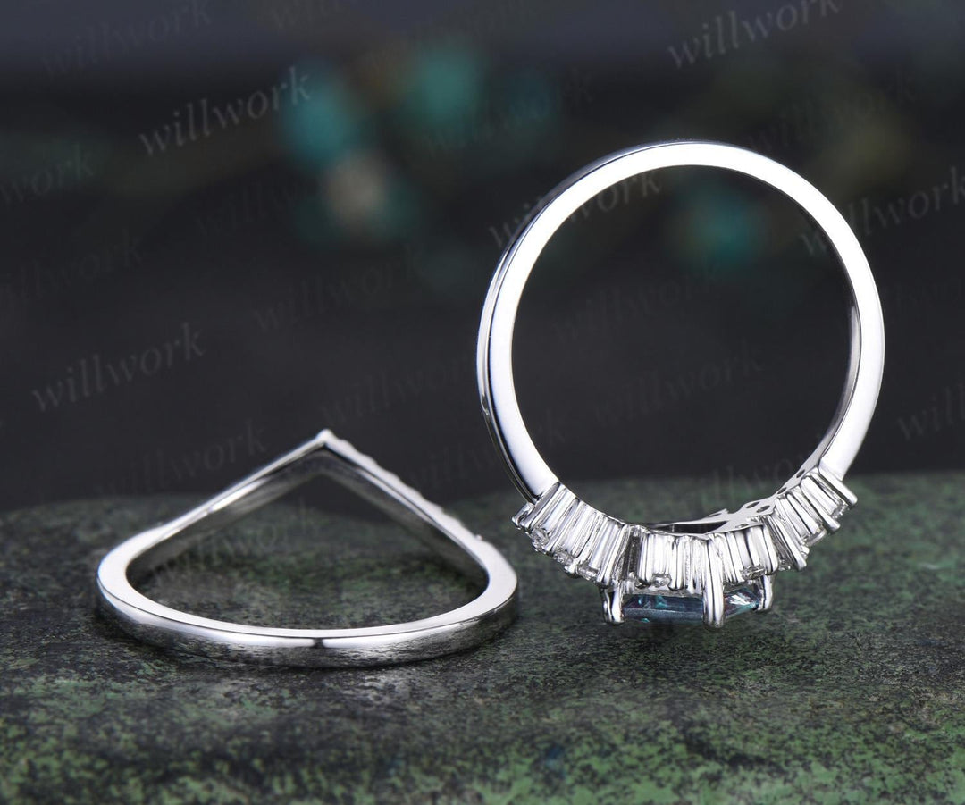Princess cut alexandrite engagement ring cluster diamond wedding ring set women May birthstone silver
