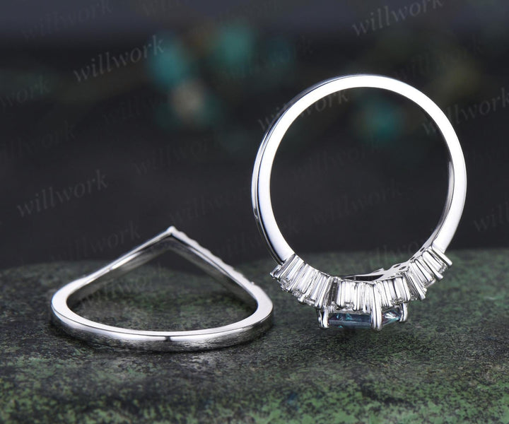 Princess cut alexandrite engagement ring cluster diamond wedding ring set women May birthstone silver