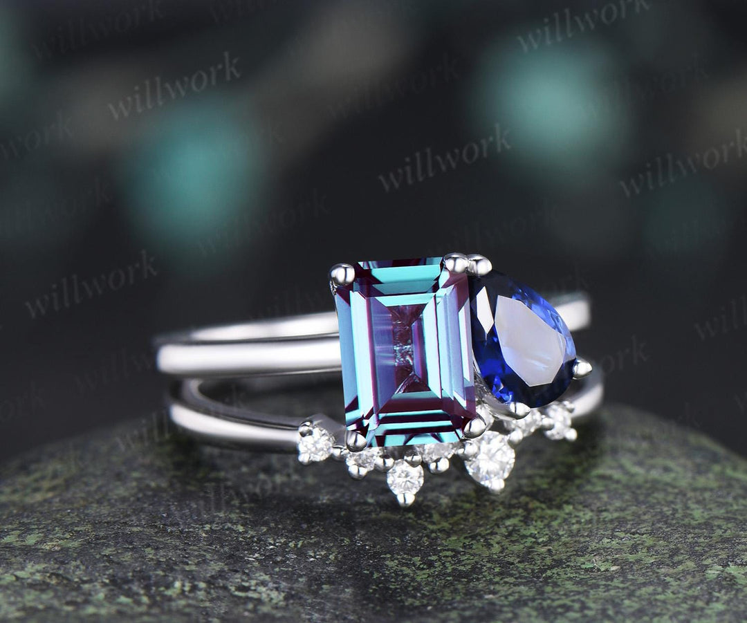 Toi et moi emerald cut alexandrite pear sapphire engagement ring solid 14k white gold Personalized snowdrift bridal wedding ring set women