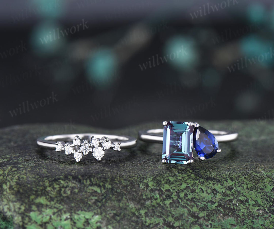 Toi et moi emerald cut alexandrite pear sapphire engagement ring solid 14k white gold Personalized snowdrift bridal wedding ring set women