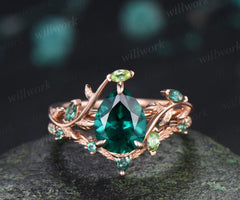 Teardrop pear cut green emerald engagement ring 14k rose gold cluster leaf nature inspired peridot bridal promise wedding ring set women