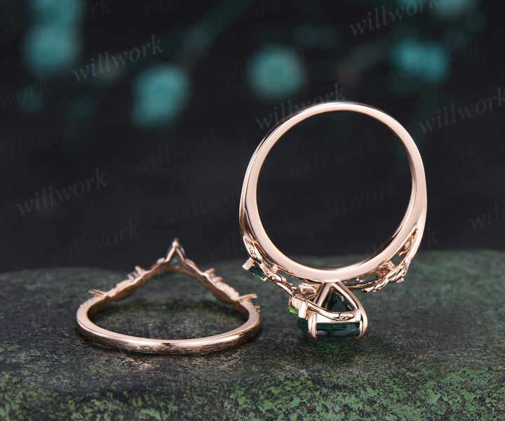 Teardrop pear cut green emerald engagement ring 14k rose gold cluster leaf nature inspired peridot bridal promise wedding ring set women