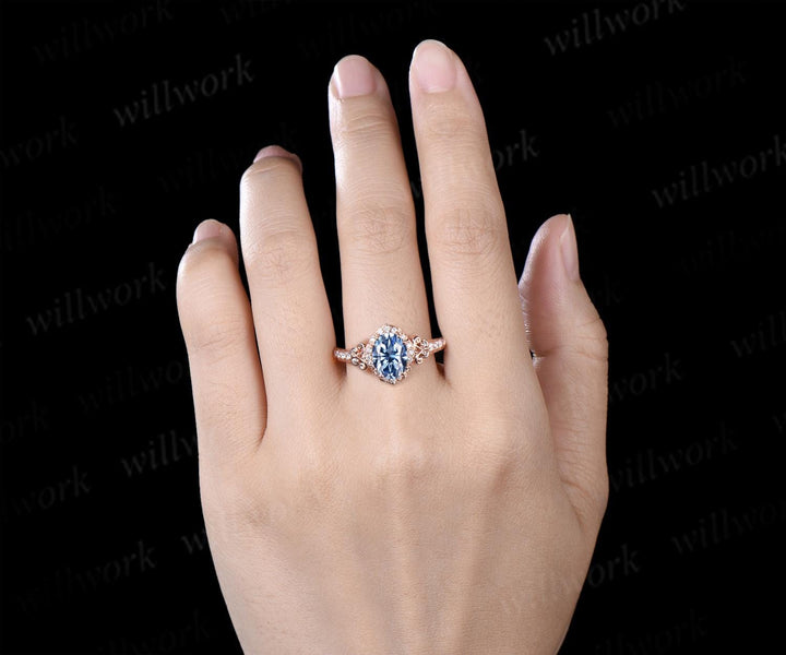 Oval cut blue moissanite engagement ring 14k rose gold halo diamond half eternity vintage wedding promise ring women jewelry