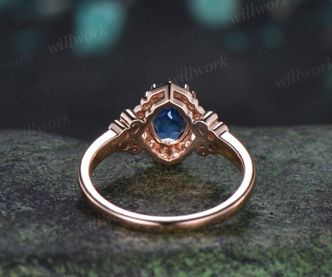 Oval cut blue moissanite engagement ring 14k rose gold halo diamond half eternity vintage wedding promise ring women jewelry