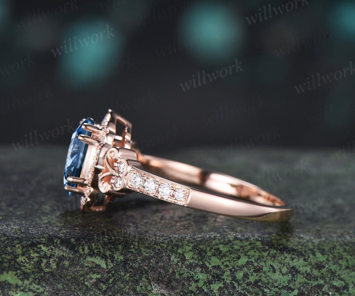 Oval cut blue moissanite engagement ring 14k rose gold halo diamond half eternity vintage wedding promise ring women jewelry