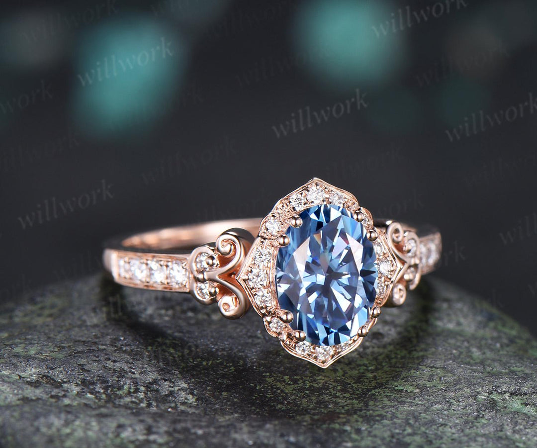 Oval cut blue moissanite engagement ring 14k rose gold halo diamond half eternity vintage wedding promise ring women jewelry