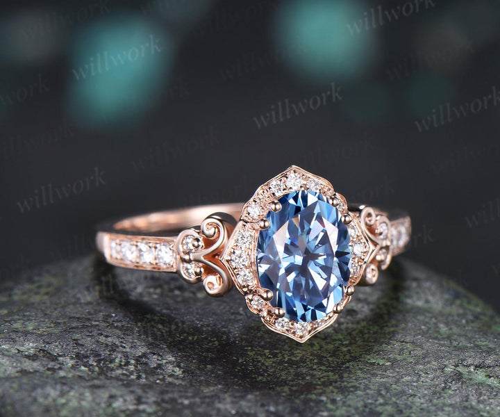 Oval cut blue moissanite engagement ring 14k rose gold halo diamond half eternity vintage wedding promise ring women jewelry