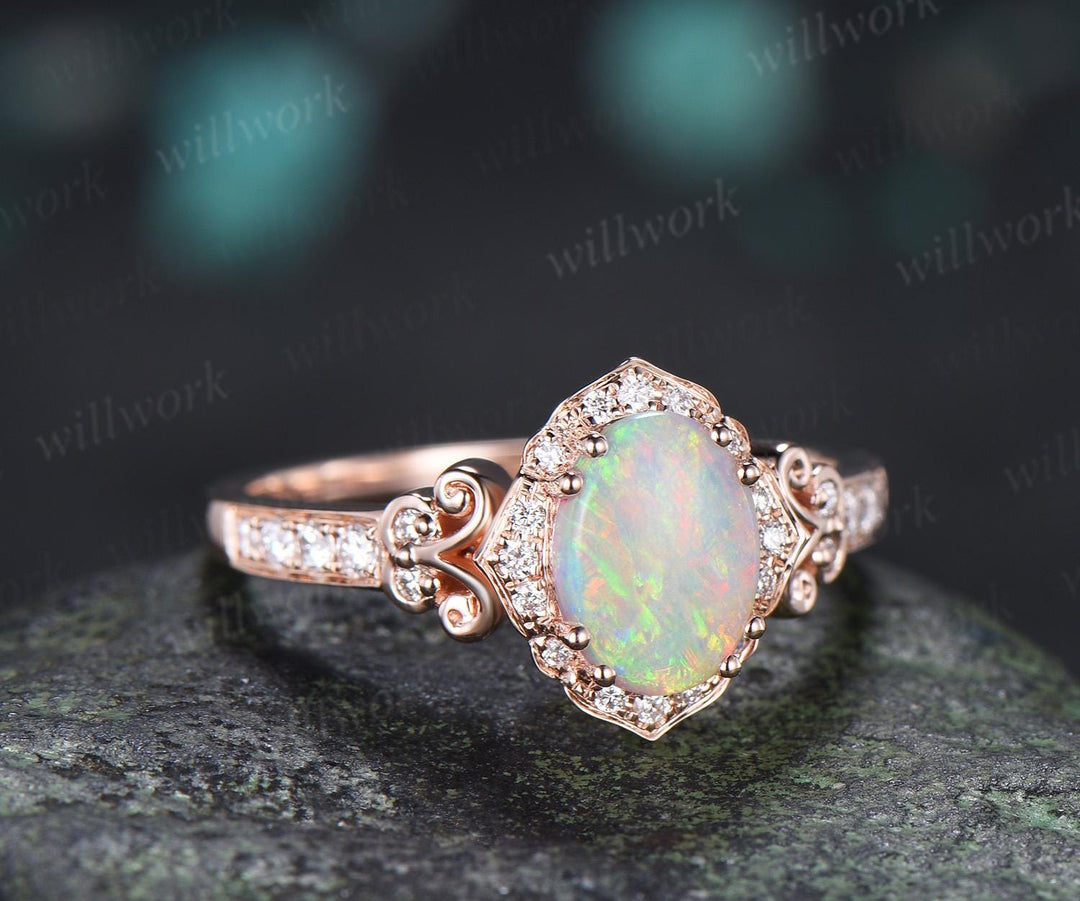 Oval natural opal engagement ring 14k rose gold halo diamond half eternity vintage wedding promise ring women jewelry