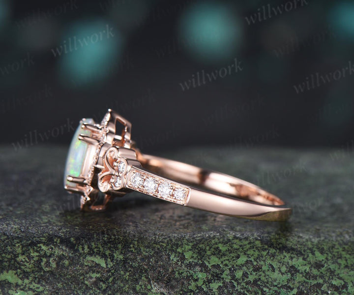 Oval natural opal engagement ring 14k rose gold halo diamond half eternity vintage wedding promise ring women jewelry