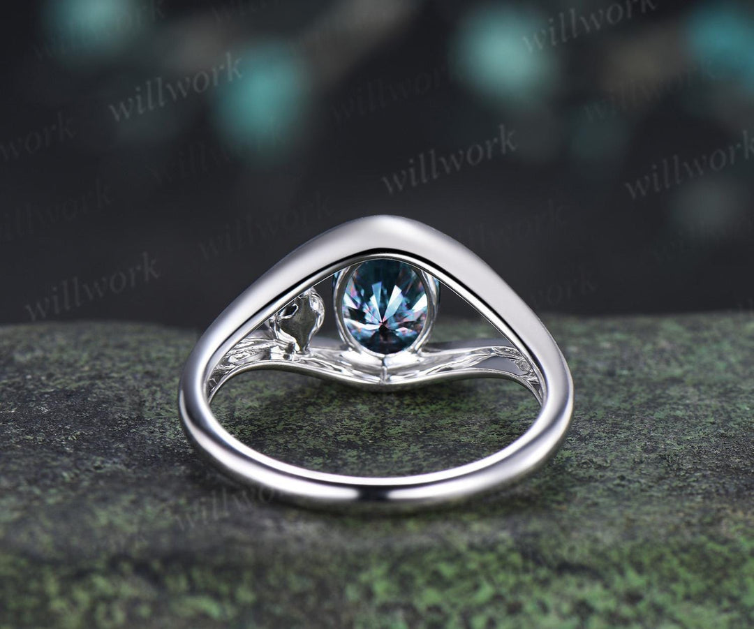 Oval fireworks cut alexandrite pearl engagement ring solid 14k white gold split shank two stone wedding promise ring women jewelry