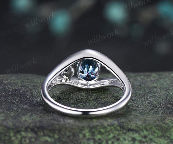 Oval fireworks cut alexandrite pearl engagement ring solid 14k white gold split shank two stone wedding promise ring women jewelry