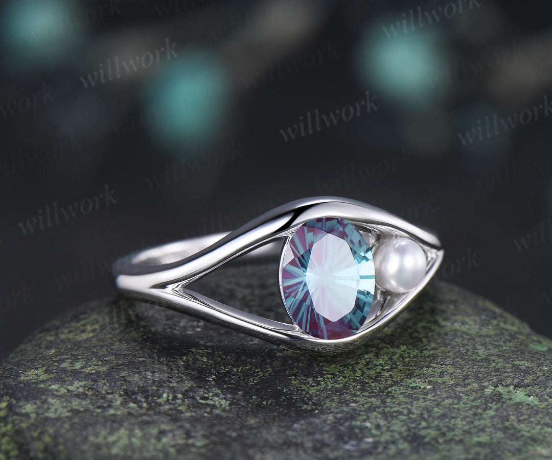 Oval fireworks cut alexandrite pearl engagement ring solid 14k white gold split shank two stone wedding promise ring women jewelry