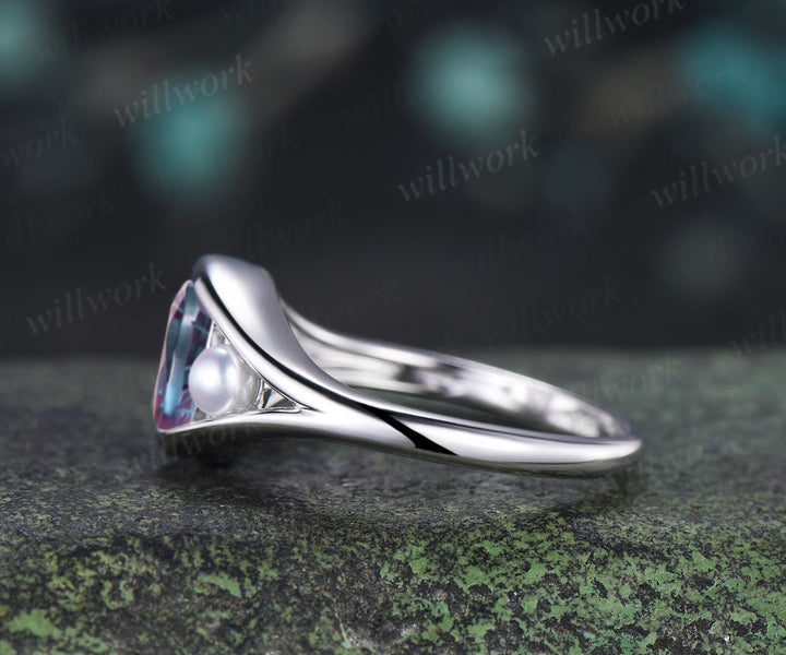Oval fireworks cut alexandrite pearl engagement ring solid 14k white gold split shank two stone wedding promise ring women jewelry