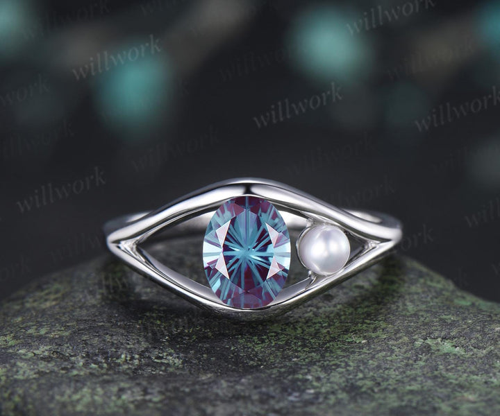 Oval fireworks cut alexandrite pearl engagement ring solid 14k white gold split shank two stone wedding promise ring women jewelry