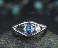 Oval fireworks cut alexandrite pearl engagement ring solid 14k white gold split shank two stone wedding promise ring women jewelry