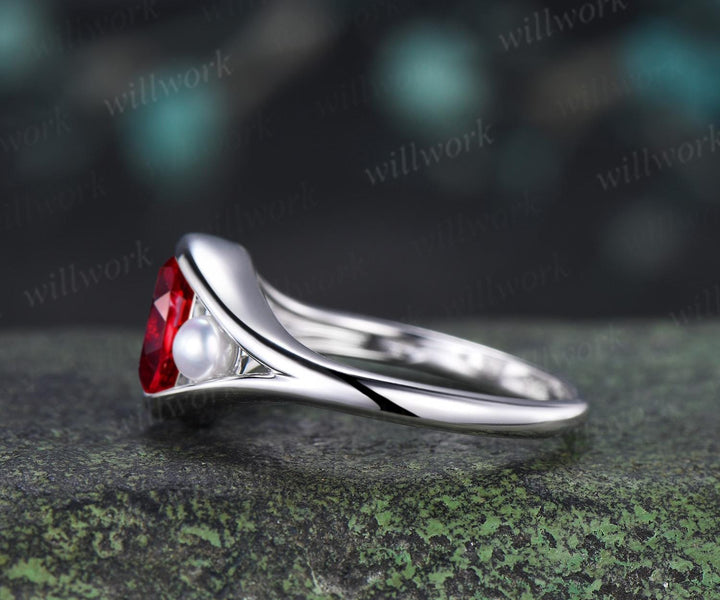Oval cut red ruby pearl engagement ring solid 14k white gold split shank two stone wedding promise ring women jewelry