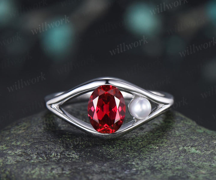 Oval cut red ruby pearl engagement ring solid 14k white gold split shank two stone wedding promise ring women jewelry