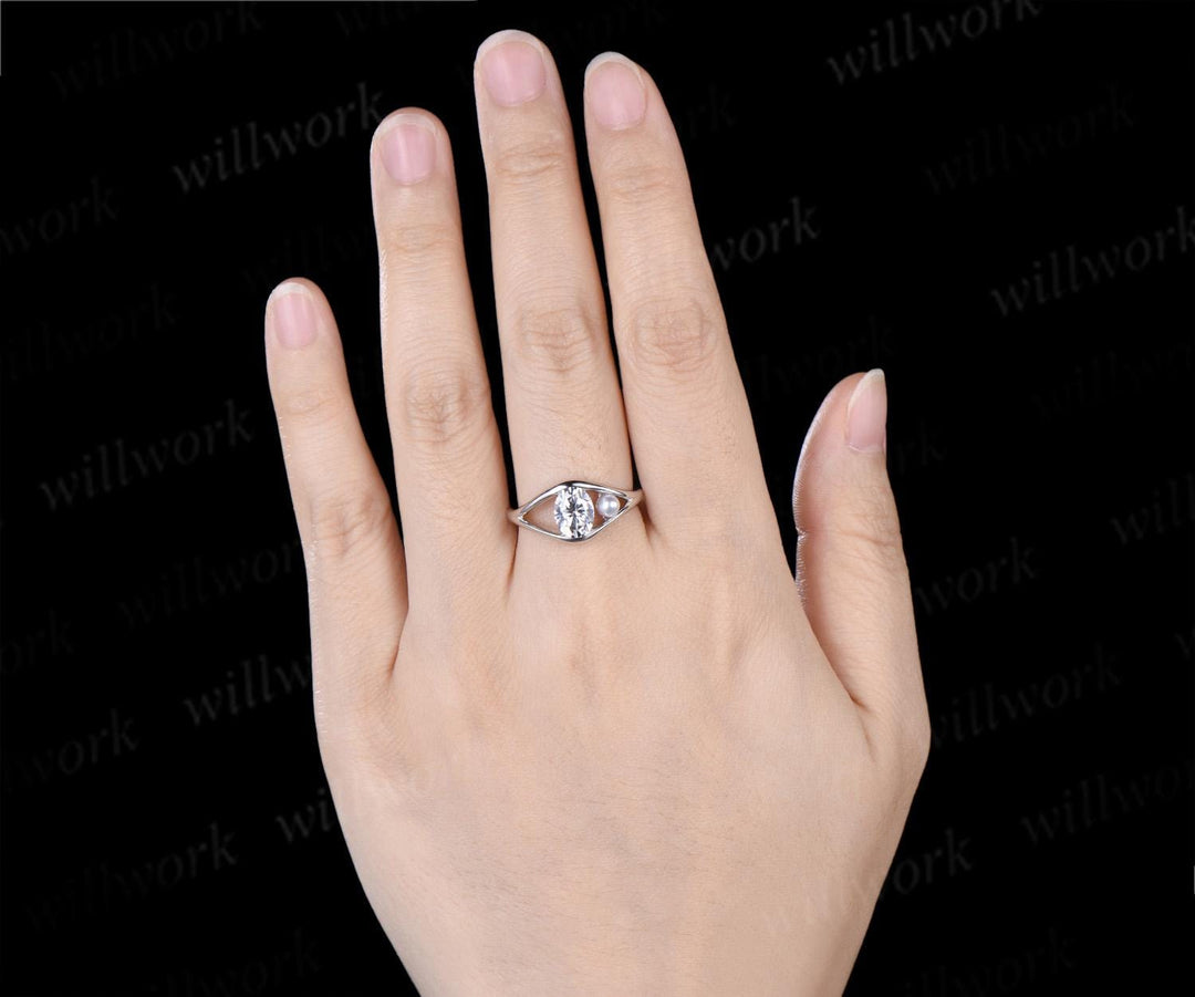 Toi et moi oval cut moissanite pearl engagement ring solid 14k white gold two stone split shank wedding promise ring women jewelry