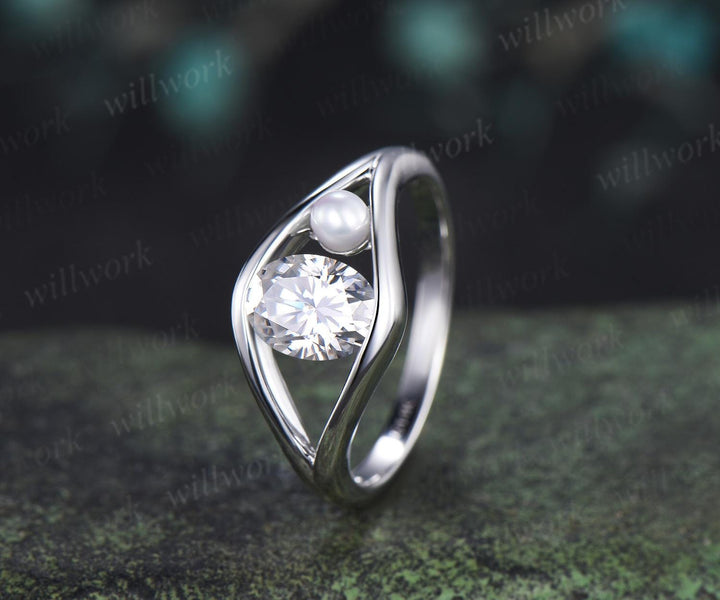 Toi et moi oval cut moissanite pearl engagement ring solid 14k white gold two stone split shank wedding promise ring women jewelry