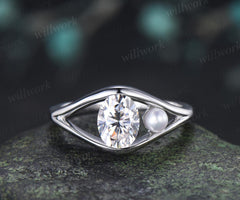 Toi et moi oval cut moissanite pearl engagement ring solid 14k white gold two stone split shank wedding promise ring women jewelry