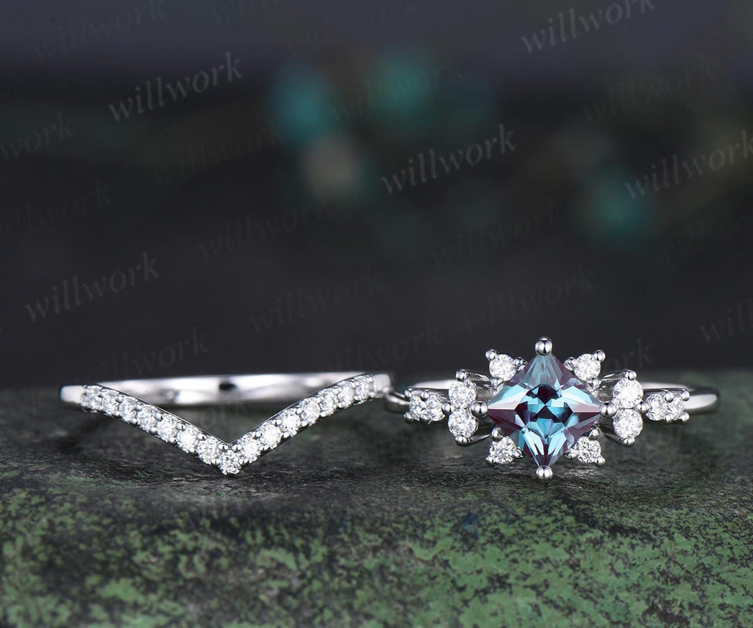 Princess cut alexandrite engagement ring cluster diamond wedding ring set women May birthstone silver