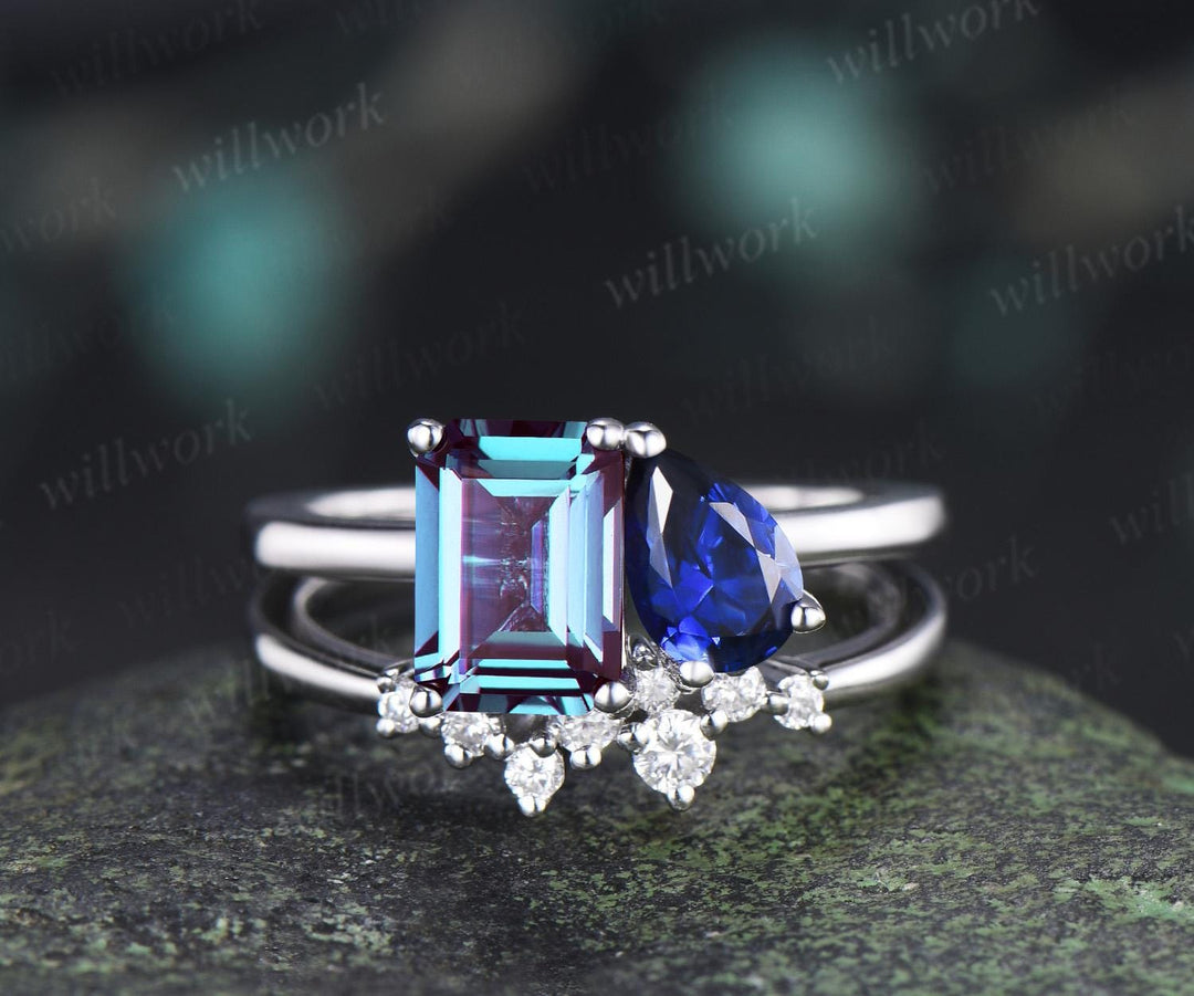 Toi et moi emerald cut alexandrite pear sapphire engagement ring solid 14k white gold Personalized snowdrift bridal wedding ring set women