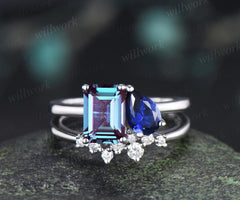 Toi et moi emerald cut alexandrite pear sapphire engagement ring solid 14k white gold Personalized snowdrift bridal wedding ring set women