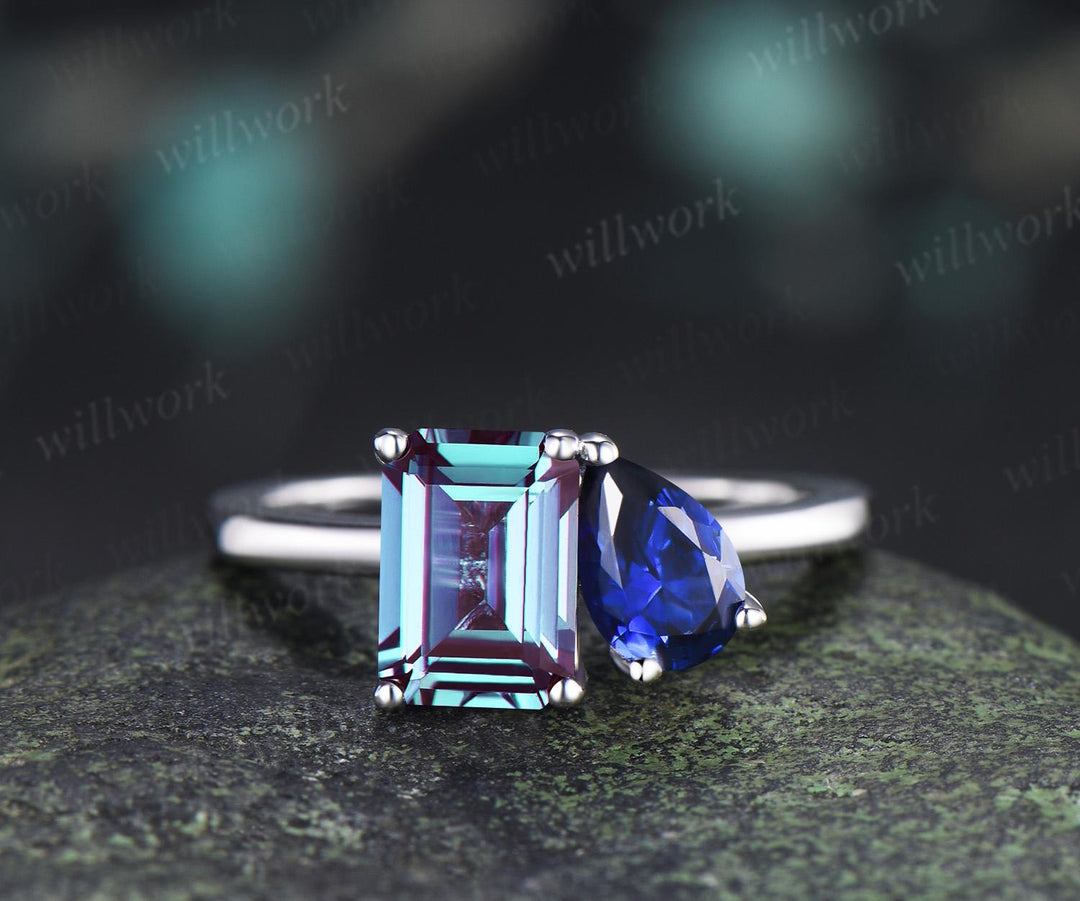 Toi et moi emerald cut alexandrite pear sapphire engagement ring solid 14k white gold Personalized snowdrift bridal wedding ring set women