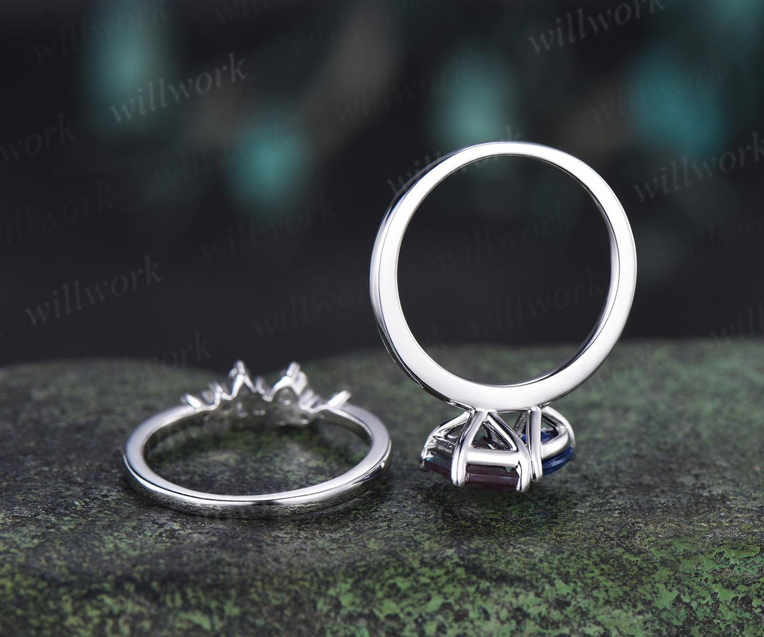Toi et moi emerald cut alexandrite pear sapphire engagement ring solid 14k white gold Personalized snowdrift bridal wedding ring set women