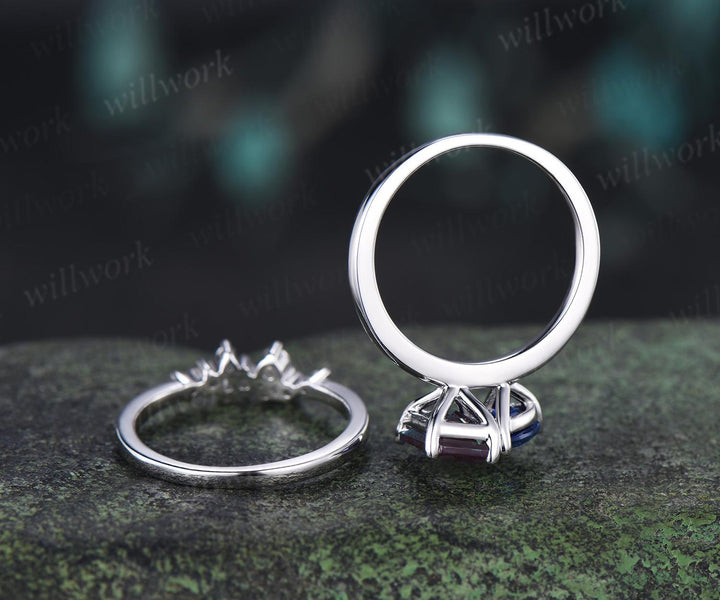 Toi et moi emerald cut alexandrite pear sapphire engagement ring solid 14k white gold Personalized snowdrift bridal wedding ring set women