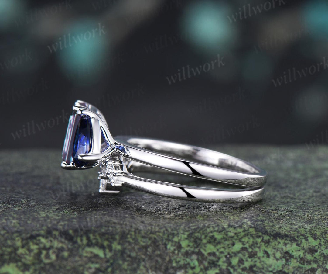 Toi et moi emerald cut alexandrite pear sapphire engagement ring solid 14k white gold Personalized snowdrift bridal wedding ring set women