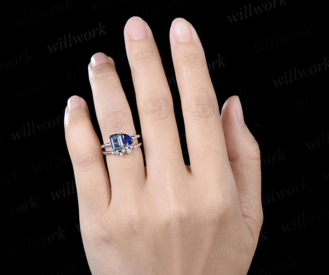 Toi et moi emerald cut alexandrite pear sapphire engagement ring solid 14k white gold Personalized snowdrift bridal wedding ring set women