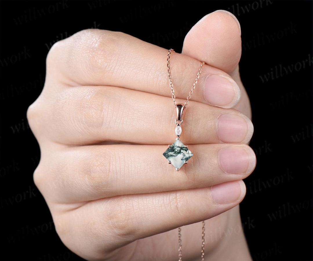 Princess cut moss agate necklace 14k rose gold two stone marquise moissanite pendant women her green gemstone anniversary bridal gift mother