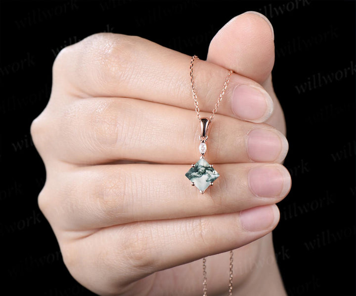 Princess cut moss agate necklace 14k rose gold two stone marquise moissanite pendant women her green gemstone anniversary bridal gift mother