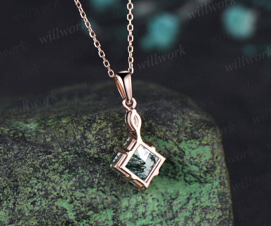 Princess cut moss agate necklace 14k rose gold two stone marquise moissanite pendant women her green gemstone anniversary bridal gift mother