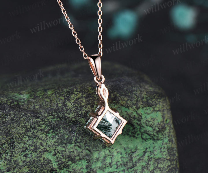 Princess cut moss agate necklace 14k rose gold two stone marquise moissanite pendant women her green gemstone anniversary bridal gift mother