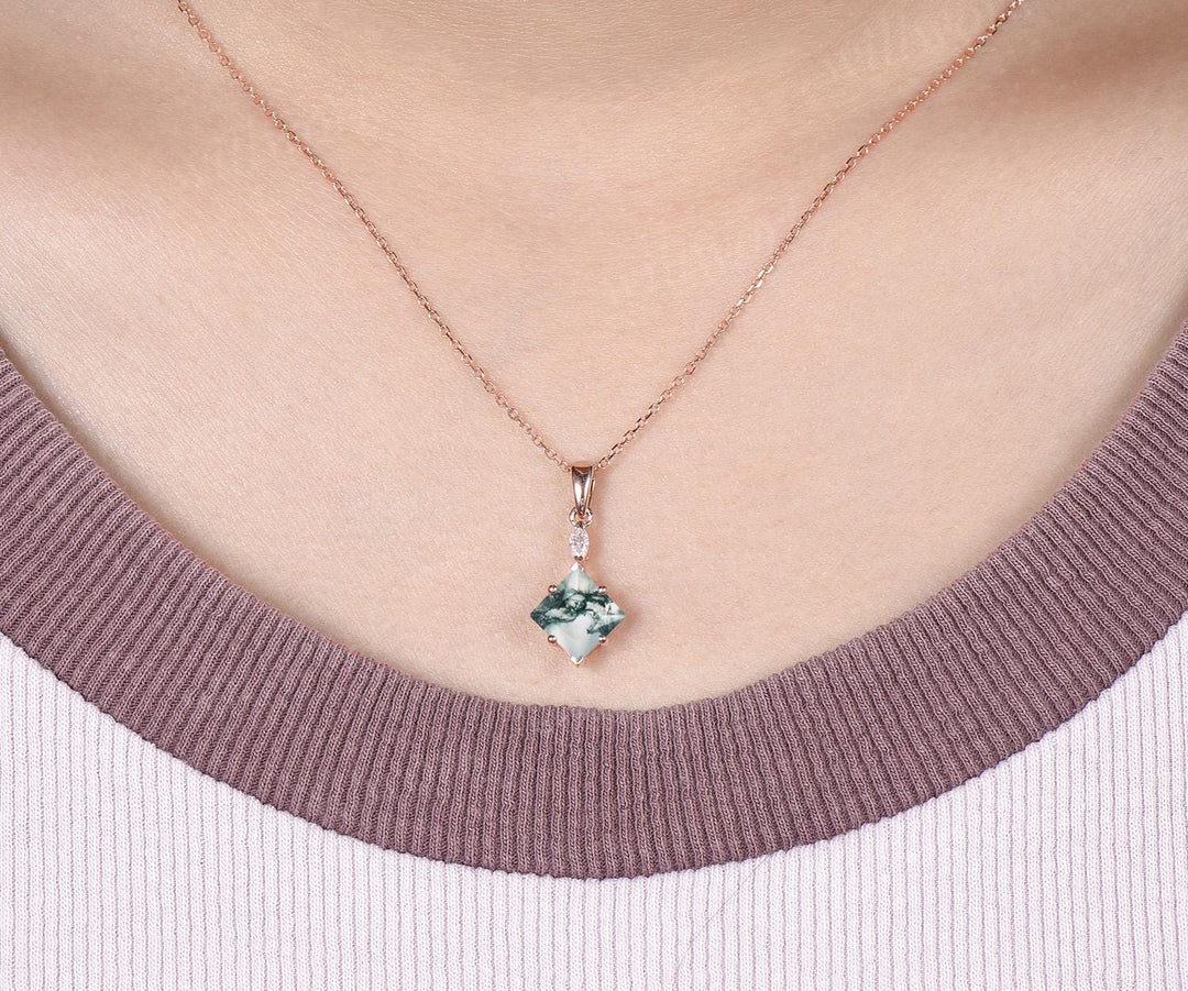 Princess cut moss agate necklace 14k rose gold two stone marquise moissanite pendant women her green gemstone anniversary bridal gift mother