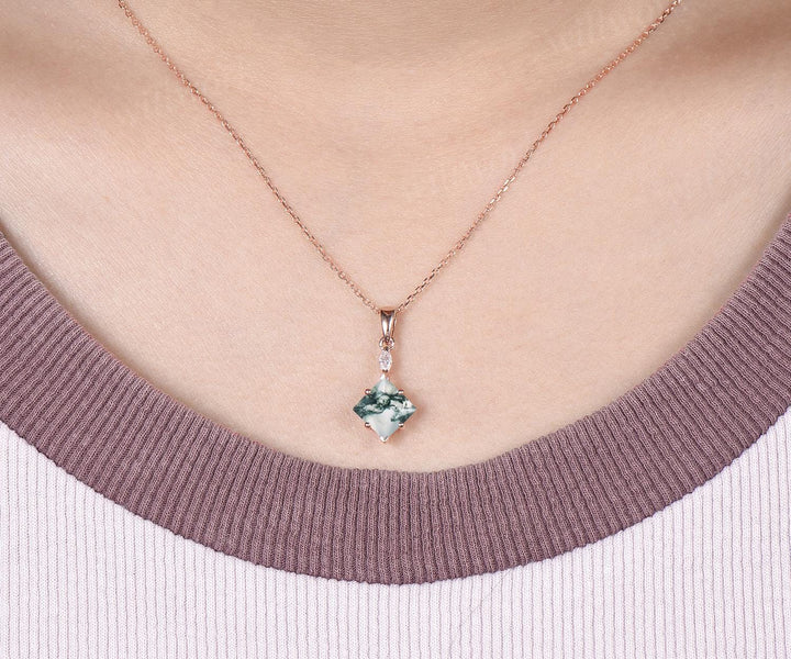 Princess cut moss agate necklace 14k rose gold two stone marquise moissanite pendant women her green gemstone anniversary bridal gift mother