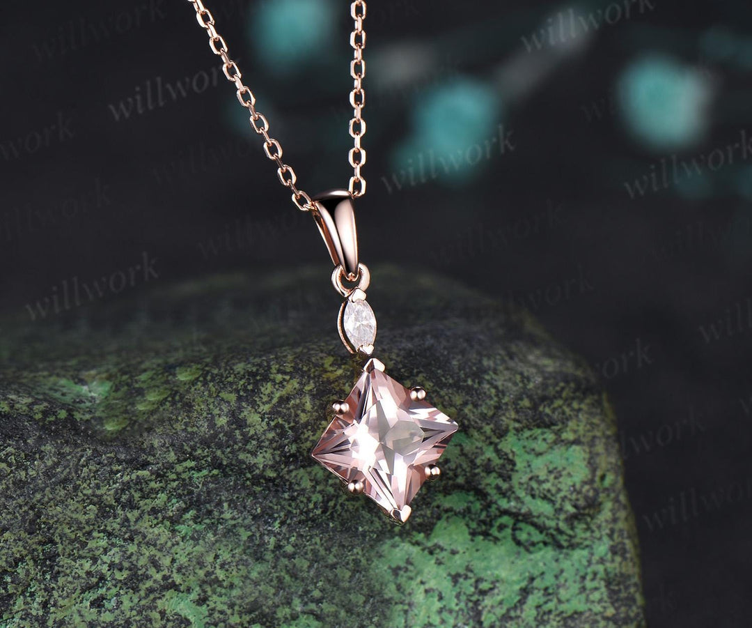 Princess cut morganite necklace 14k rose gold two stone marquise moissanite pendant women her pink gemstone anniversary bridal gift mother