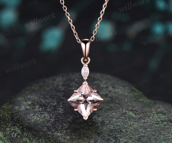 Princess cut morganite necklace 14k rose gold two stone marquise moissanite pendant women her pink gemstone anniversary bridal gift mother