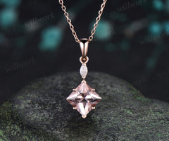 Princess cut morganite necklace 14k rose gold two stone marquise moissanite pendant women her pink gemstone anniversary bridal gift mother