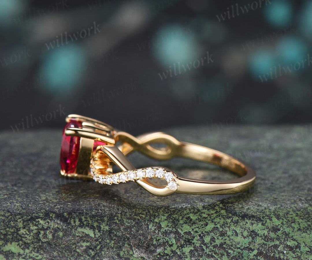Heart cut red ruby engagement ring 14k yellow gold half eternity infinity diamond anniversary promise wedding ring women gift
