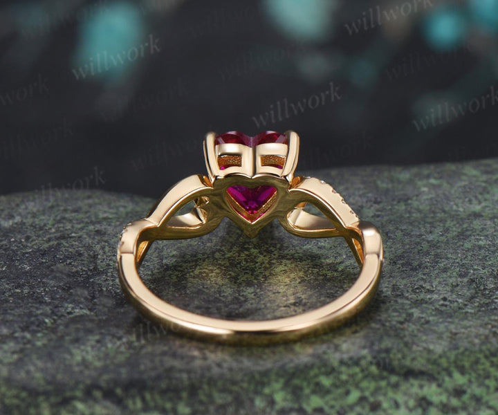Heart cut red ruby engagement ring 14k yellow gold half eternity infinity diamond anniversary promise wedding ring women gift