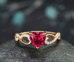 Heart cut red ruby engagement ring 14k yellow gold half eternity infinity diamond anniversary promise wedding ring women gift