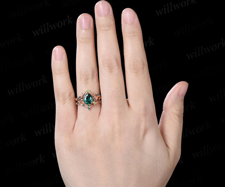 Teardrop pear cut green emerald engagement ring 14k rose gold cluster leaf nature inspired peridot bridal promise wedding ring set women